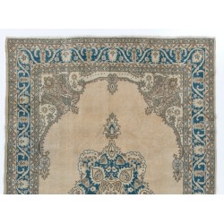 Vintage Anatolian Oushak Area Rug in Beige & Blue Color, Handmade carpet made in Turkey. 7.7 x 11.3 Ft (232 x 344 cm)