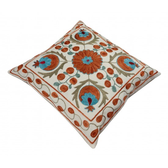 Suzani Silk, Cotton and Linen Cushion Cover, Hand Embroidered Uzbek Suzani Throw Pillow Cover. 18" x 19" (45 x 46 cm)