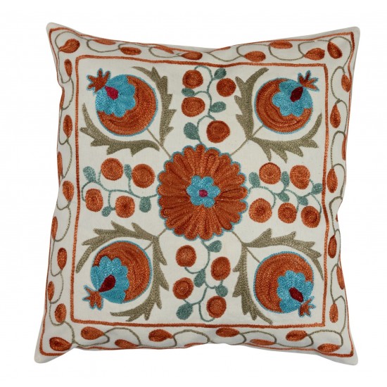Suzani Silk, Cotton and Linen Cushion Cover, Hand Embroidered Uzbek Suzani Throw Pillow Cover. 18" x 19" (45 x 46 cm)