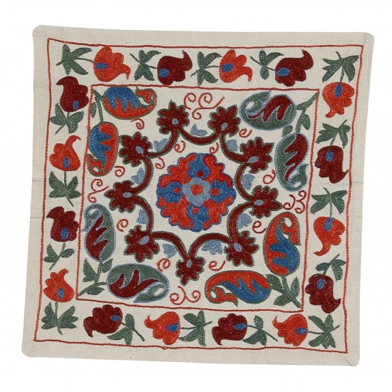 Authentic Hand Embroidered Silk, Cotton and Linen Cushion Cover From Uzbekistan. 18" x 19" (45 x 46 cm)