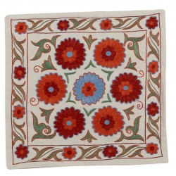 Silk Hand Embroidered Suzani Cushion Cover, Authentic Uzbek Throw Pillow Cover. 18" x 19" (45 x 46 cm)