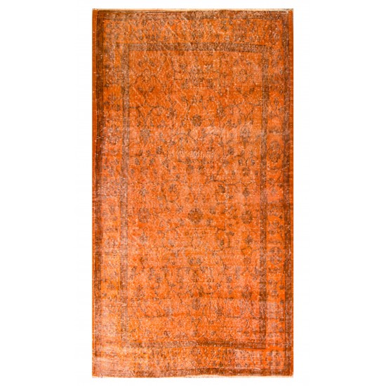 Orange Overdyed Vintage Handmade Turkish Accent Rug, Wool and Cotton Carpet. 3.8 x 7 Ft (113 x 211 cm)