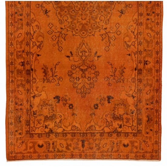 Orange Overdyed Vintage Handmade Turkish Accent Rug, Wool and Cotton Carpet. 3.8 x 7.3 Ft (114 x 220 cm)