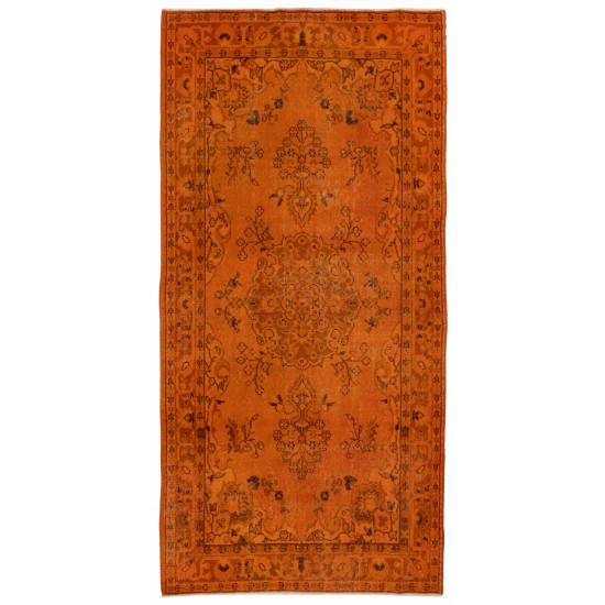 Orange Overdyed Vintage Handmade Turkish Accent Rug, Wool and Cotton Carpet. 3.8 x 7.3 Ft (114 x 220 cm)