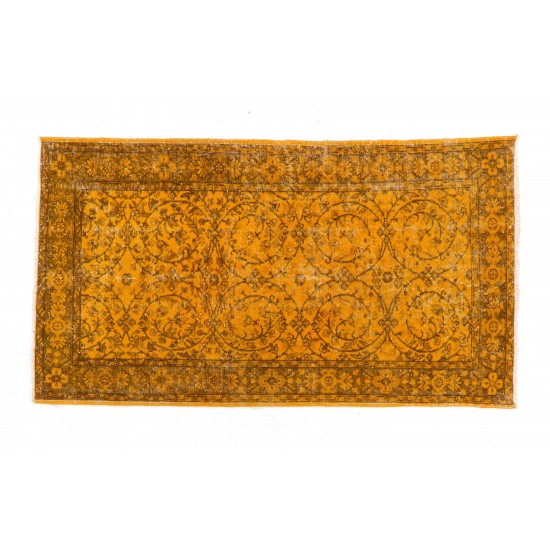 Orange Overdyed Vintage Handmade Turkish Rug, Wool and Cotton Carpet. 3.9 x 6.9 Ft (118 x 210 cm)