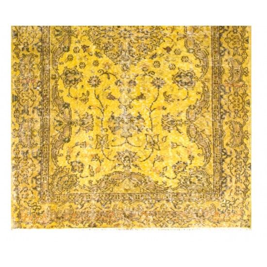 Yellow Overdyed Vintage Turkish Accent Rug, Medallion Design Handmade Carpet. 4 x 6.7 Ft (120 x 203 cm)