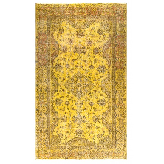 Yellow Overdyed Vintage Turkish Accent Rug, Medallion Design Handmade Carpet. 4 x 6.7 Ft (120 x 203 cm)