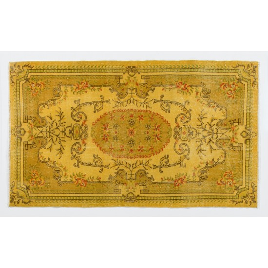 Yellow Overdyed Vintage Turkish Accent Rug, Medallion Design Handmade Carpet. 4 x 6.9 Ft (120 x 208 cm)