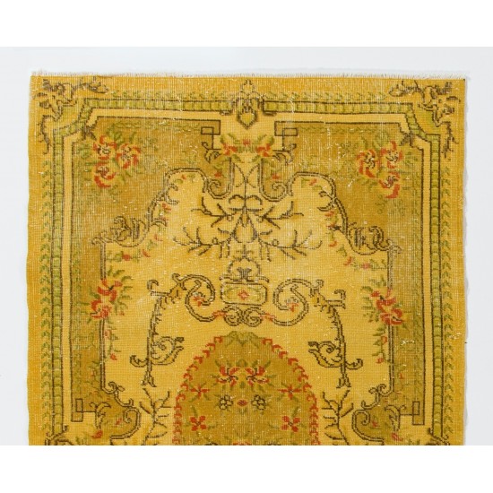 Yellow Overdyed Vintage Turkish Accent Rug, Medallion Design Handmade Carpet. 4 x 6.9 Ft (120 x 208 cm)