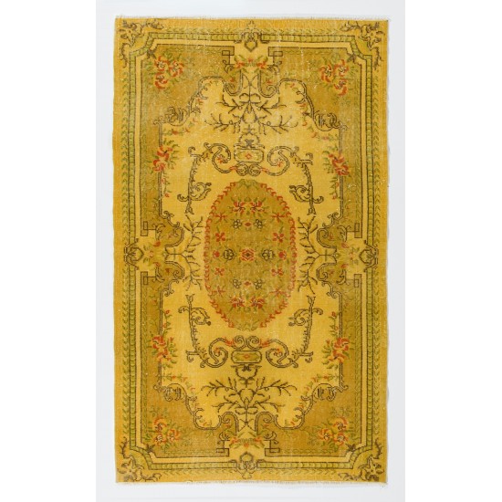 Yellow Overdyed Vintage Turkish Accent Rug, Medallion Design Handmade Carpet. 4 x 6.9 Ft (120 x 208 cm)