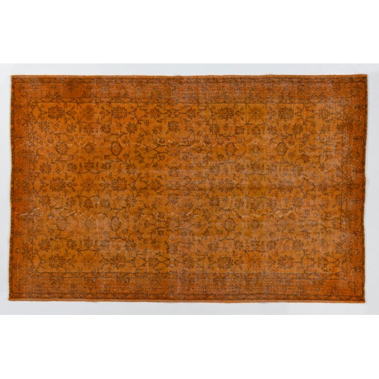 Orange Overdyed Vintage Handmade Turkish Area Rug with Floral Design. 5.8 x 9 Ft (175 x 276 cm)
