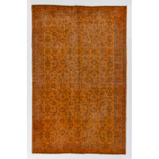 Orange Overdyed Vintage Handmade Turkish Area Rug with Floral Design. 5.8 x 9 Ft (175 x 276 cm)