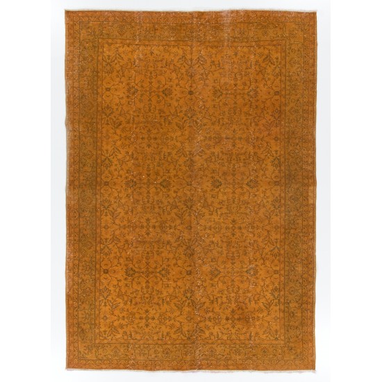 Orange Overdyed Vintage Handmade Turkish Area Rug with Floral Design. 6.7 x 9.7 Ft (204 x 293 cm)