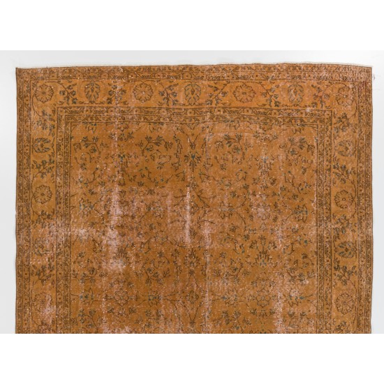 Orange Overdyed Vintage Handmade Turkish Area Rug with Floral Design. 6.7 x 10.2 Ft (204 x 310 cm)
