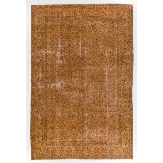 Orange Overdyed Vintage Handmade Turkish Area Rug with Floral Design. 6.7 x 10.2 Ft (204 x 310 cm)