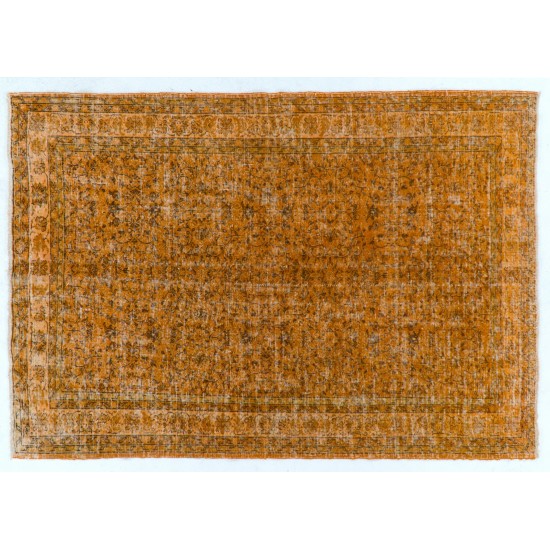 Orange Overdyed Vintage Handmade Turkish Area Rug with Floral Design. 6.8 x 9.7 Ft (205 x 295 cm)