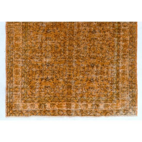 Orange Overdyed Vintage Handmade Turkish Area Rug with Floral Design. 6.8 x 9.7 Ft (205 x 295 cm)