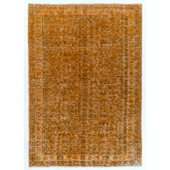 Orange Overdyed Vintage Handmade Turkish Area Rug with Floral Design. 6.8 x 9.7 Ft (205 x 295 cm)