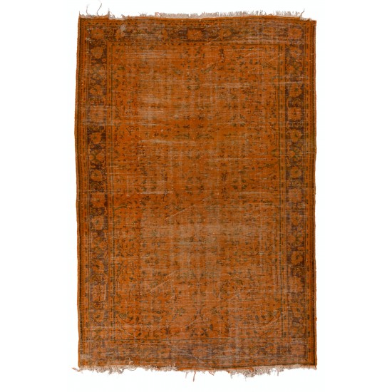 Orange Overdyed Vintage Handmade Turkish Rug, Wool and Cotton Carpet. 7.3 x 10.5 Ft (220 x 320 cm)